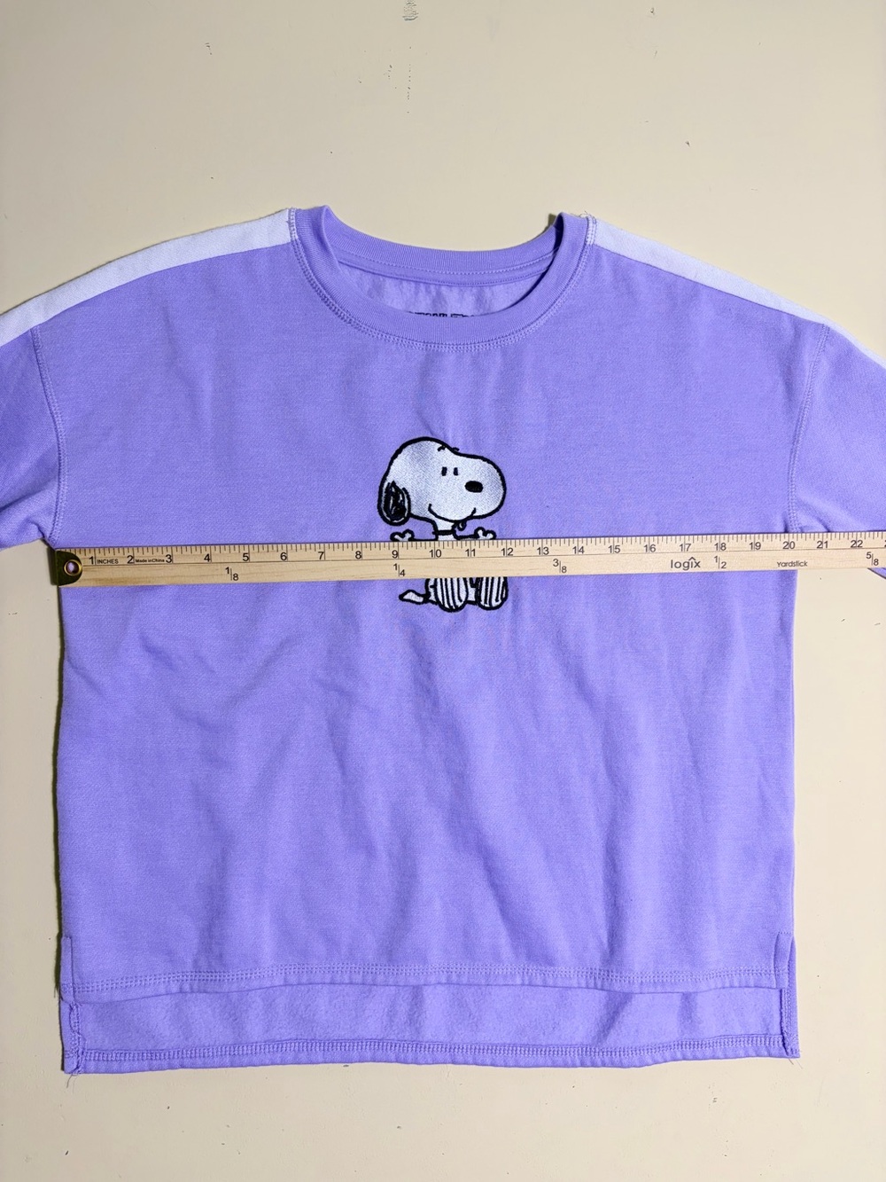 Peanuts Snoopy Purple Cropped Sweatshirt Size M Embroidered Stripe Casual Cozy - Picture 7 of 7